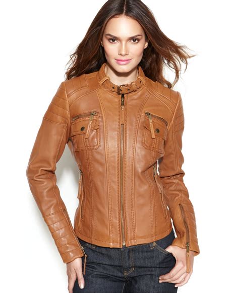 michael kors light brown leather jacket|Michael Kors leather jacket women's.